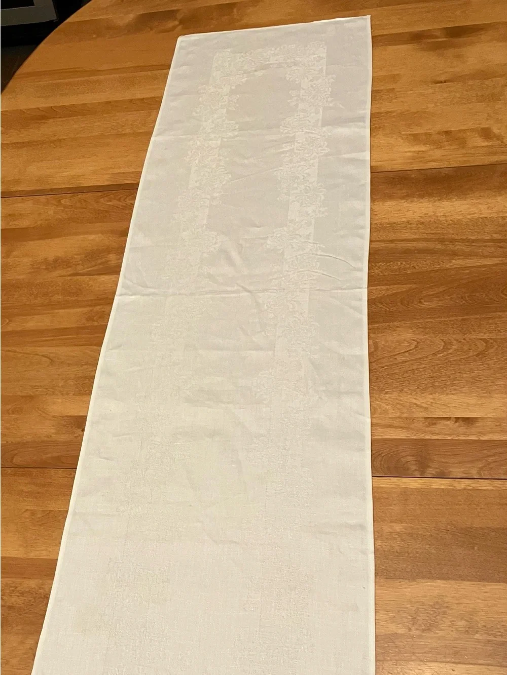 Vintage 100% Irish Linen Double Damask Table Runner White Floral, 45” x 12.25”